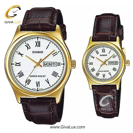 ساعت مچی اورجینال ست کاسیو Casio طلایی | قهوه ای| سفید| کد رفرنس زنانه: LTP-V006GL-7BUDF، مردانه: MTP-V006GL-7BUDF
